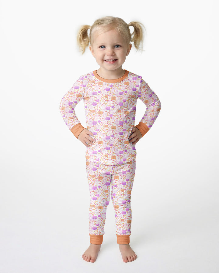 Pastel Pumpkins and Ghosts Bamboo Two Piece Long Sleeve Pajama Set