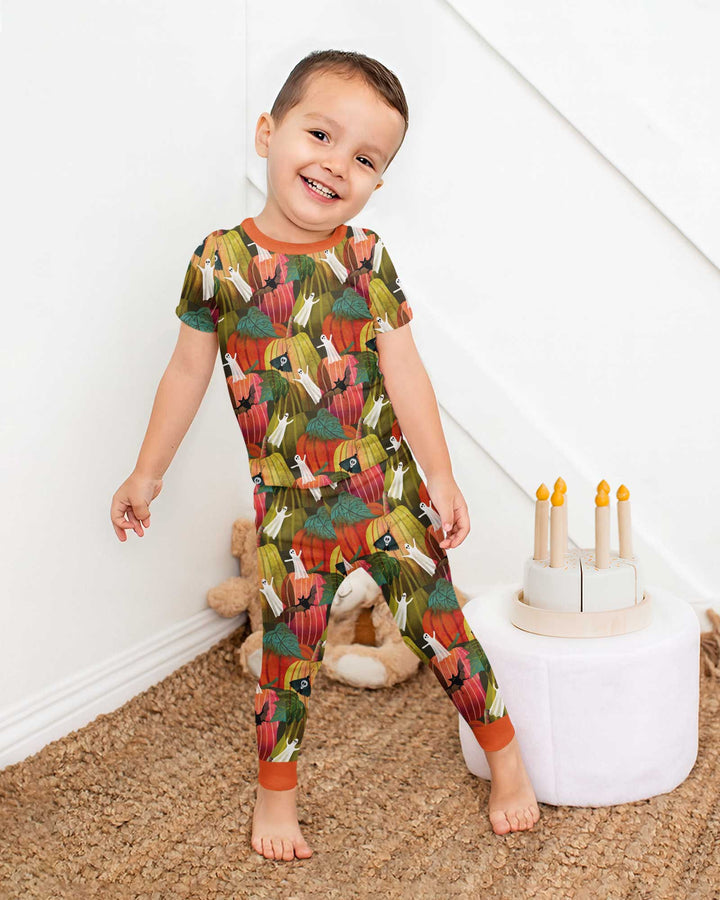 Big Pumpkin Field With Ghosts Bamboo Two Piece Short Sleeve Pajama Set