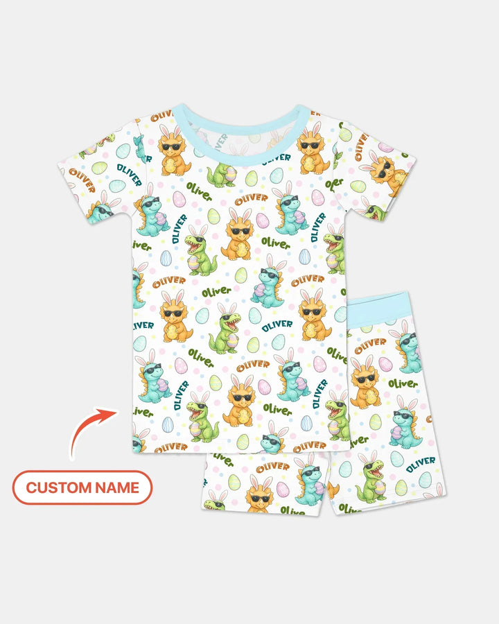 Custom Name Dinosaur on the Hunt Bamboo Two Piece Short Sleeve Shorts Pajama Set