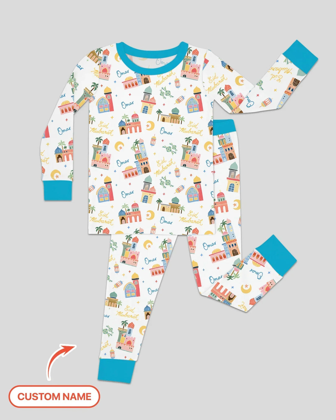 Eid Mubarak Custom Name Bamboo Two Piece Long Sleeve Pajama Set
