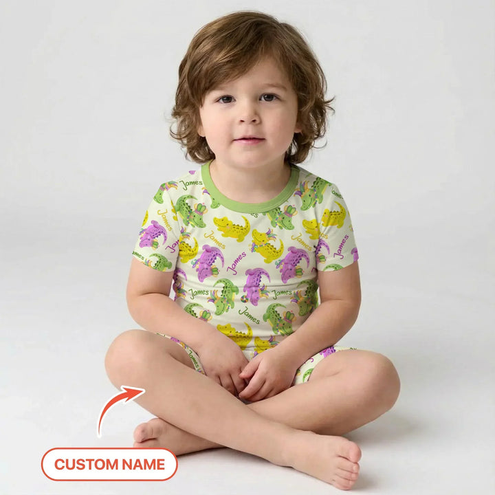Custom Name Mardi Gras Alligator Bamboo Two Piece Short Sleeve Shorts Pajama Set