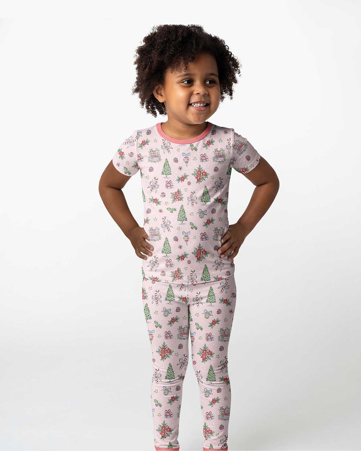 Watercolor Pink Christmas Holidays Christmas Tree Gifts Candy Cane Bamboo Two Piece Short Sleeve Pajama Set