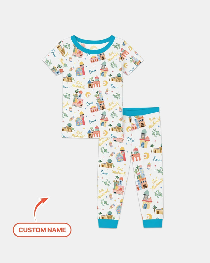 Eid Mubarak Custom Name Bamboo Two Piece Short Sleeve Pajama Set