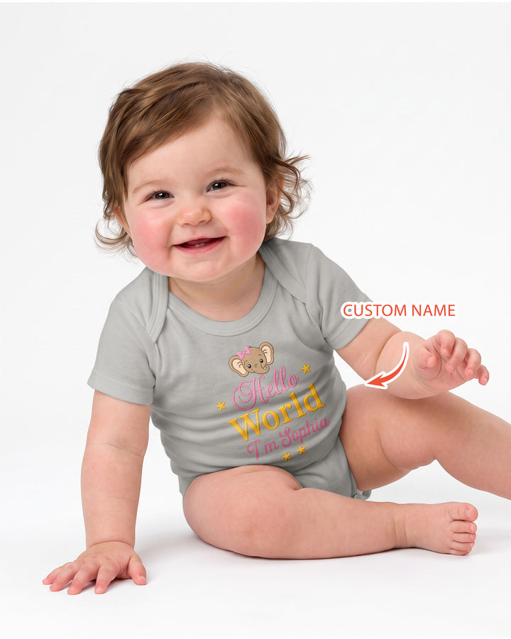 Hello World Elephant, Personalized Custom Baby Onesie, Gift For Babies