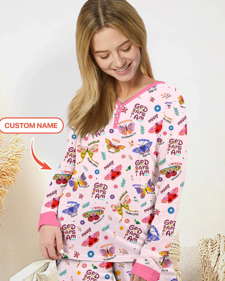 Personalisierter Name Gott sagt, ich bin ein Pyjama-Set für Damen mit Schmetterlings-Bambus