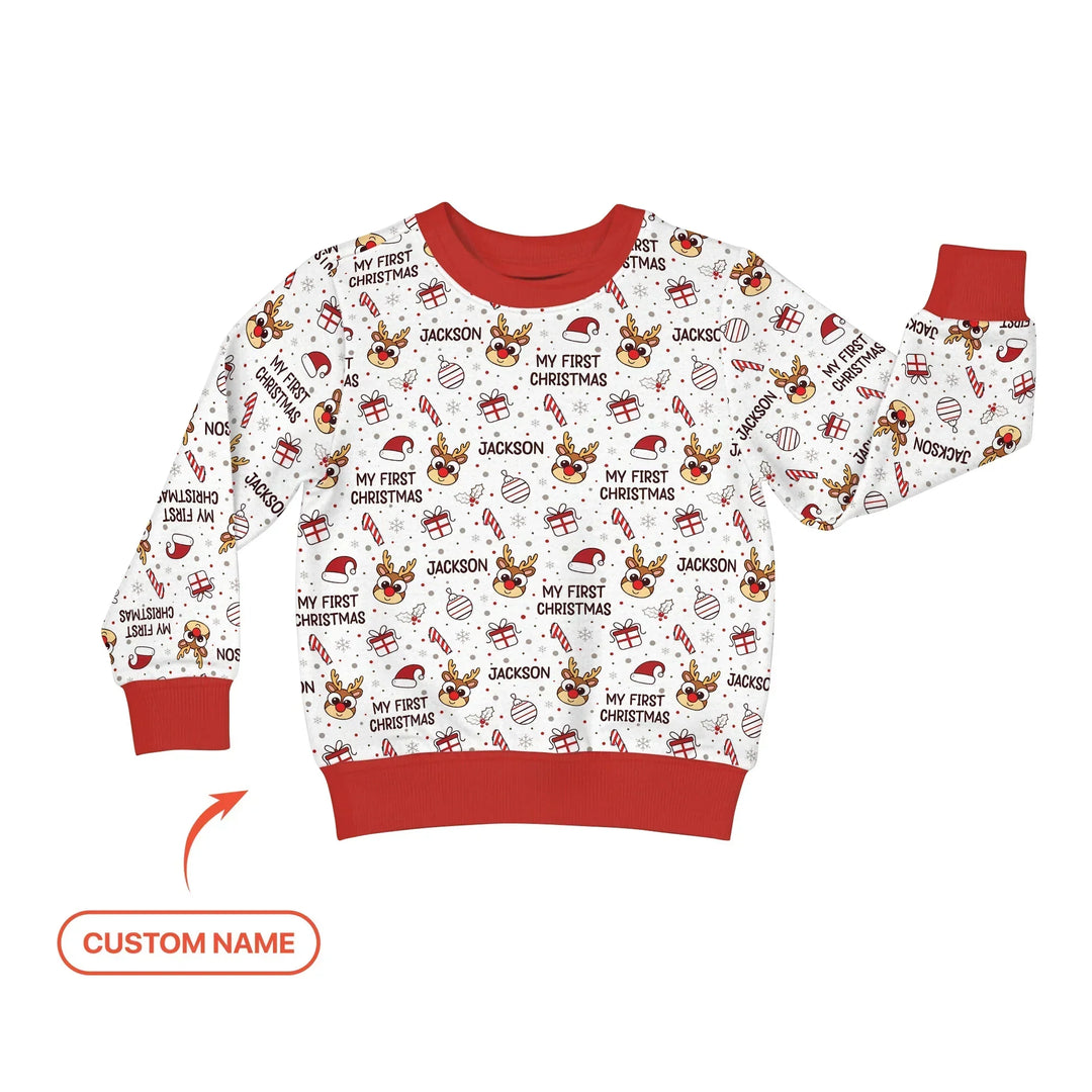 Personalisiertes Rentier-Gekritzel Mein Erstes Weihnachten Bambus-Rundhals-Sweatshirt