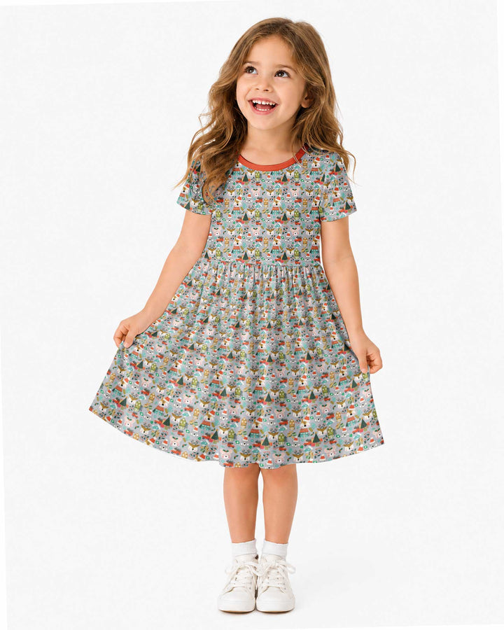 Christmas Woodland Deer Fox Bear Bamboo Twirl Dress