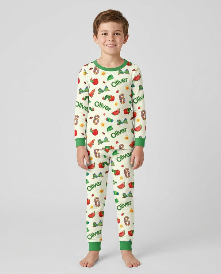 Custom Name and Age Birthday Of Very Hungry Caterpillar Bamboo Two Piece Long Sleeve Pajama Set
