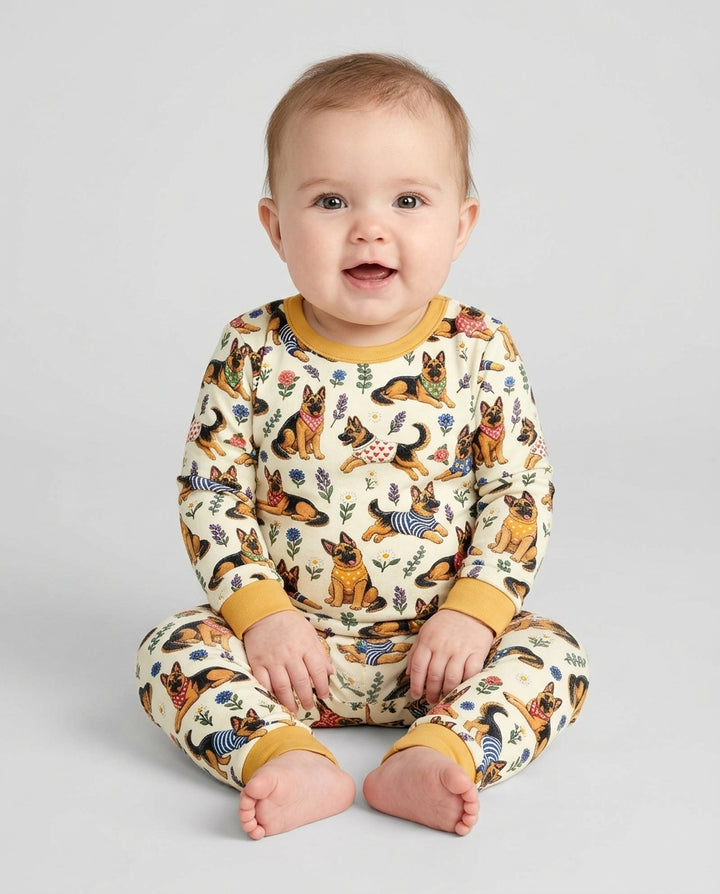 Floral German Shepherds Bamboo Two Piece Long Sleeve Pajama Set