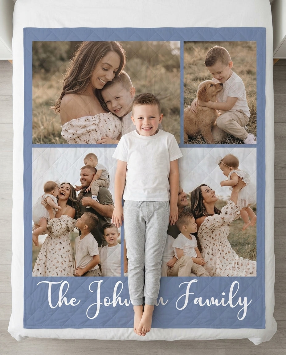Custom Photo Collage Family Bamboo Quilt Blanket