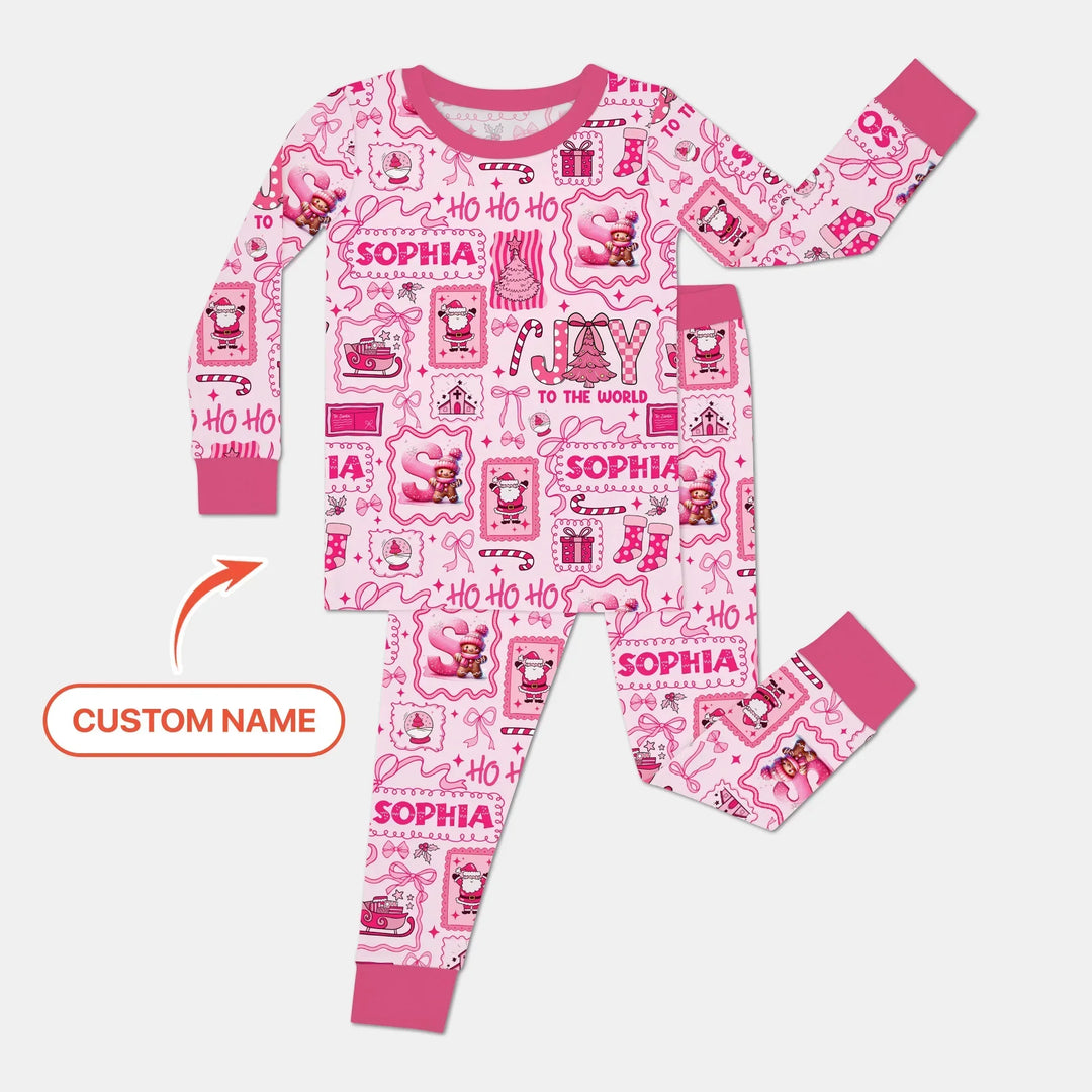 Custom Name Preppy Pink Christmas Two Piece Long Sleeve Pajama Set , Custom Name Preppy Pink Christmas Two Piece Long Sleeve Pajama Set - 12-18M