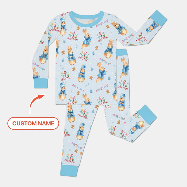 Custom 1st Christmas Rabbit Two Piece Long Sleeve Pajama Set , Custom 1st Christmas Rabbit Two Piece Long Sleeve Pajama Set - 12-18M