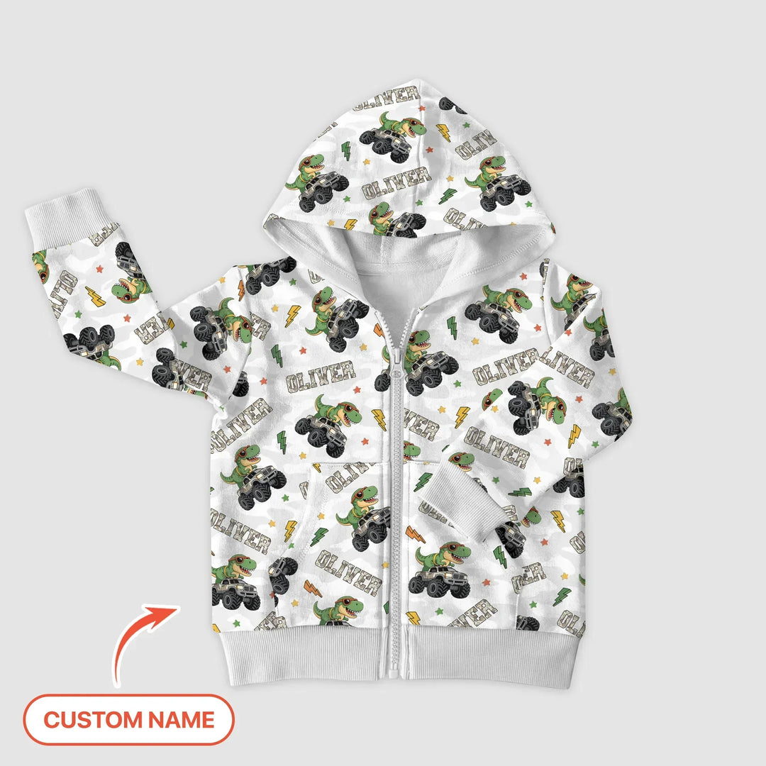 Personalisierter Name Camo Trucker Dino Bambus Reißverschluss-Hoodie