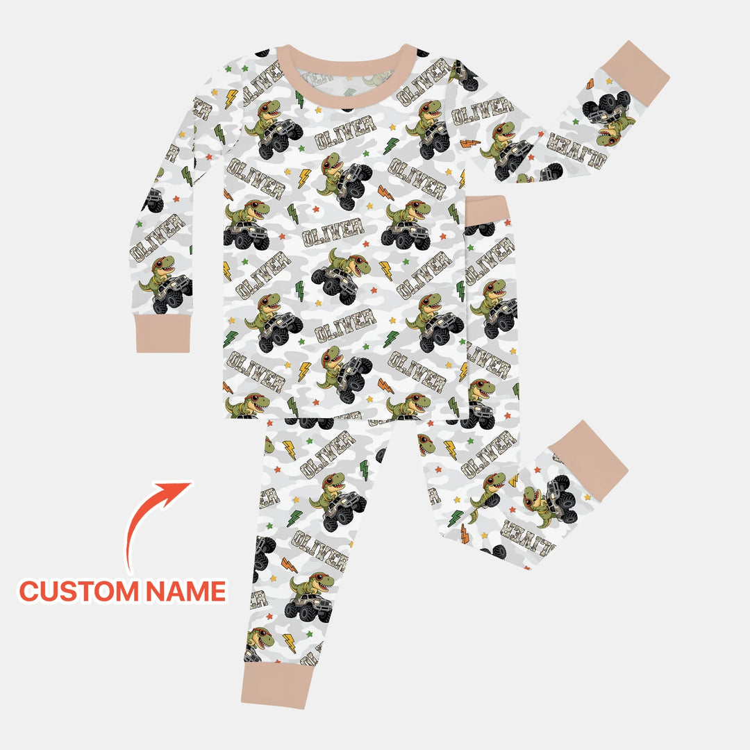 Custom Name Camo Trucker Dino Bamboo Two Piece Long Sleeve Pajama Set