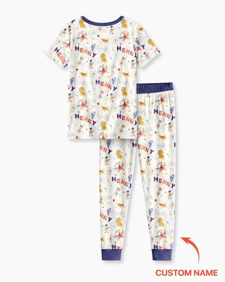 Custom Name Circus Toile Bamboo Two Piece Short Sleeve Pajama Set