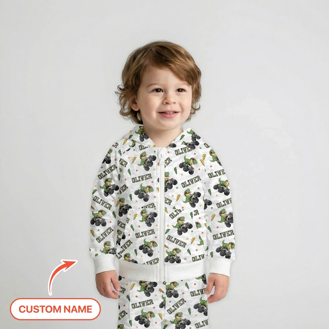 Personalisierter Name Camo Trucker Dino Bambus Reißverschluss-Hoodie
