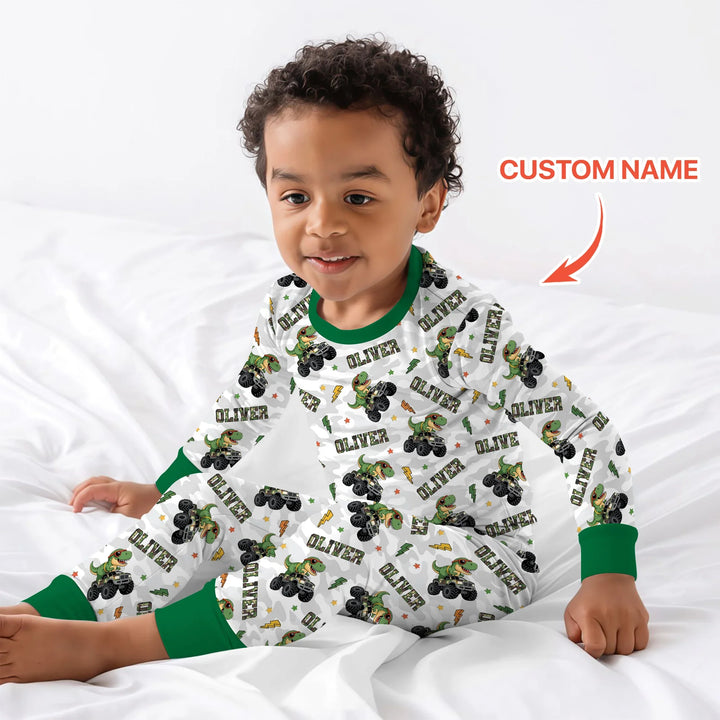 Custom Name Camo Trucker Dino Bamboo Two Piece Long Sleeve Pajama Set