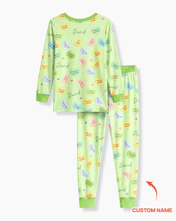 Custom Name Tennis Candy Hearts Bamboo Two Piece Long Sleeve Pajama Set