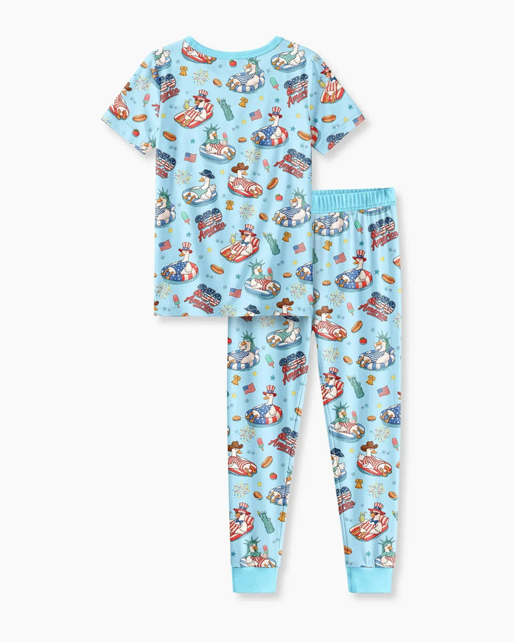 250 America Patriotic Goose Family Matching Bamboo Two Piece Short Sleeve Pajama Set