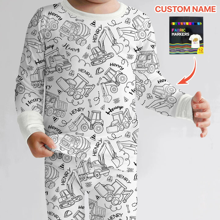 Construction Vehicules Custom Name Colorable Bamboo Two Piece Long Sleeve Pajama Set