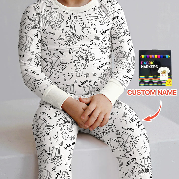 Construction Vehicules Custom Name Colorable Bamboo Two Piece Long Sleeve Pajama Set