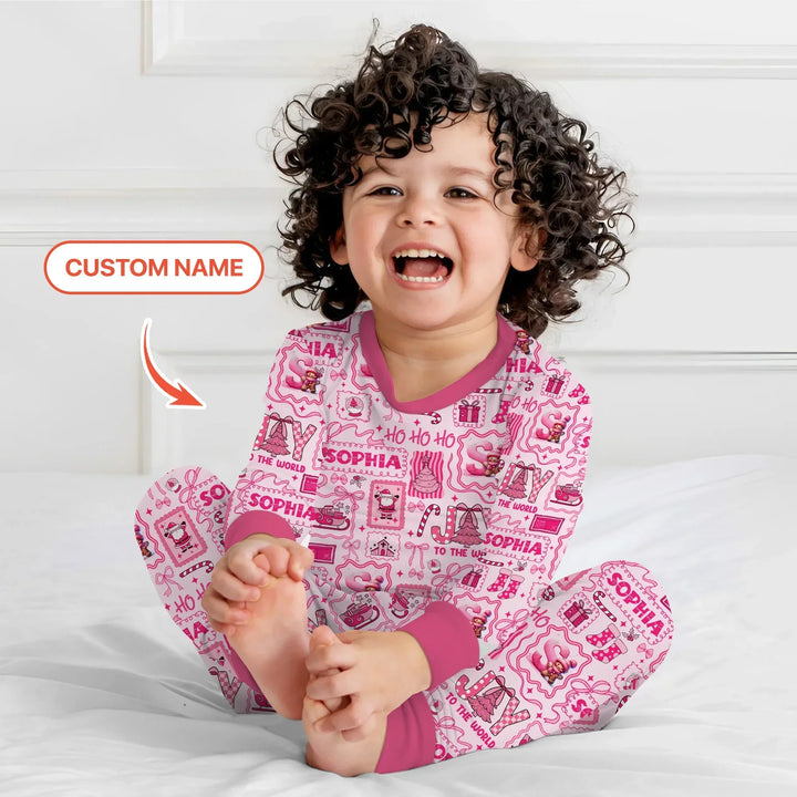 Custom Name Preppy Pink Christmas Two Piece Long Sleeve Pajama Set , Custom Name Preppy Pink Christmas Two Piece Long Sleeve Pajama Set - 12-18M
