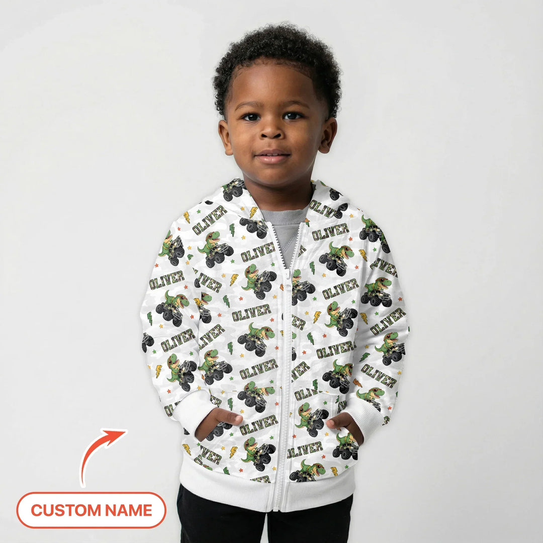 Personalisierter Name Camo Trucker Dino Bambus Reißverschluss-Hoodie