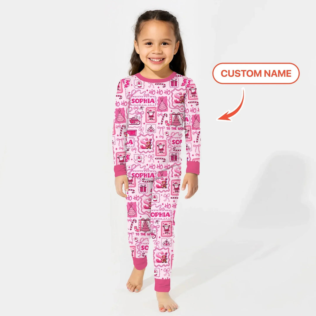 Custom Name Preppy Pink Christmas Two Piece Long Sleeve Pajama Set , Custom Name Preppy Pink Christmas Two Piece Long Sleeve Pajama Set - 12-18M