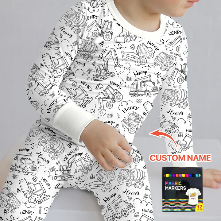 Construction Vehicules Custom Name Colorable Bamboo Two Piece Long Sleeve Pajama Set