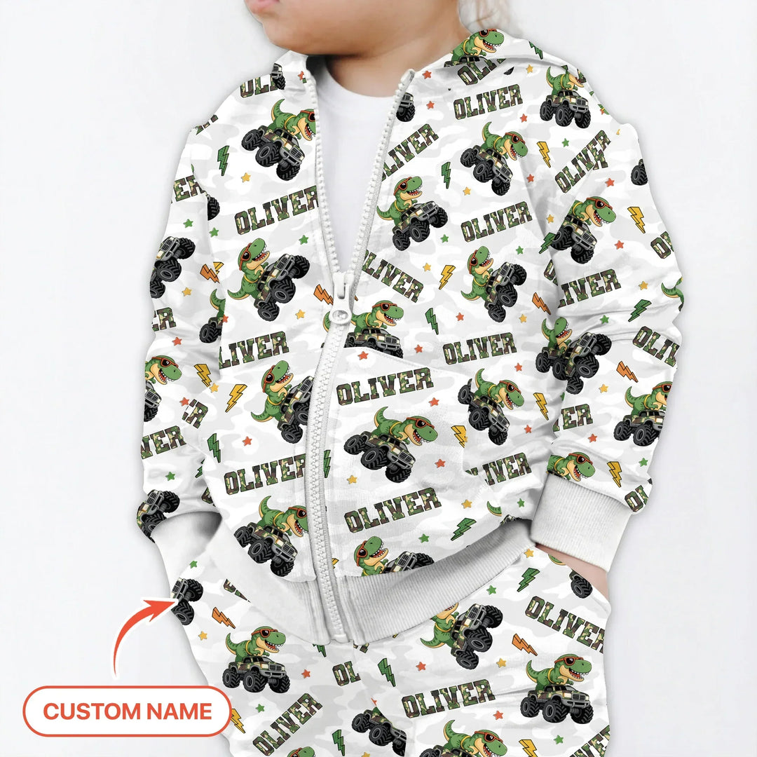 Personalisierter Name Camo Trucker Dino Bambus Reißverschluss-Hoodie