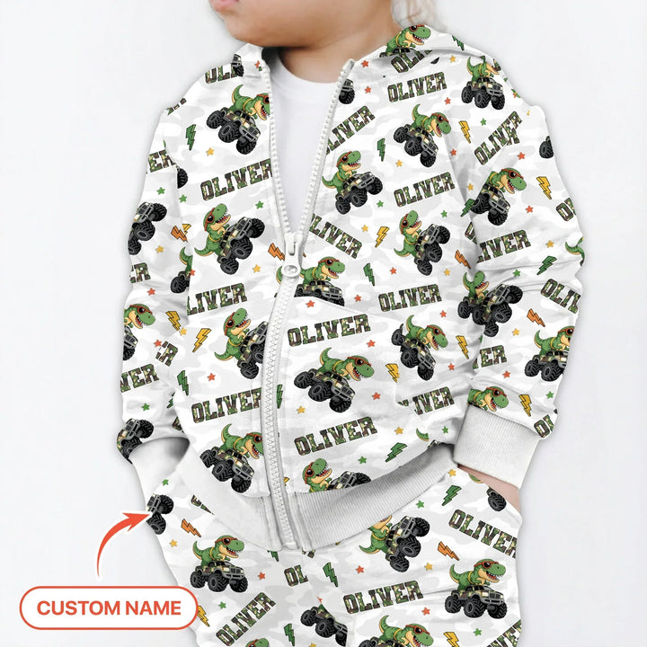 Personalisierter Name Camo Trucker Dino Bambus Reißverschluss-Hoodie