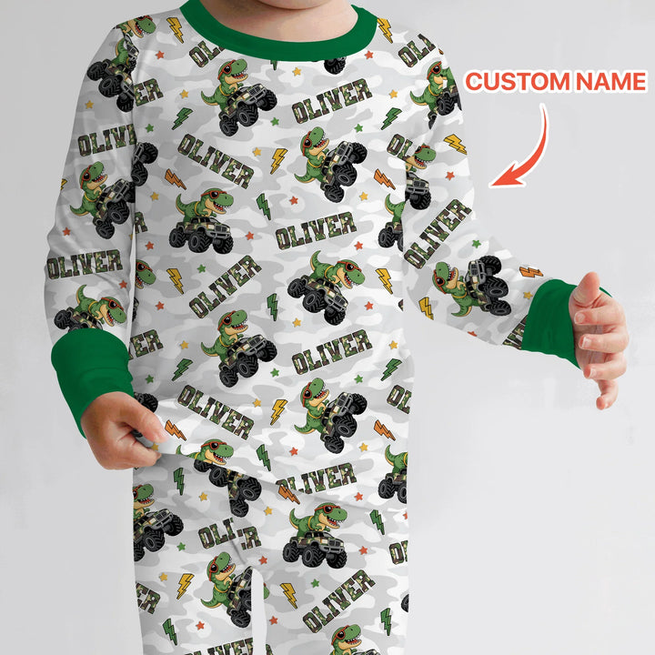 Custom Name Camo Trucker Dino Bamboo Two Piece Long Sleeve Pajama Set