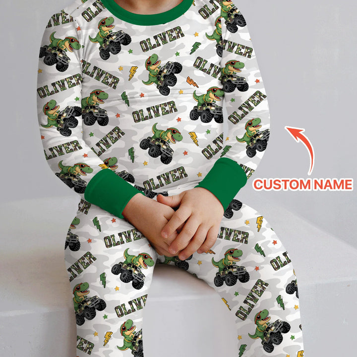 Custom Name Camo Trucker Dino Bamboo Two Piece Long Sleeve Pajama Set