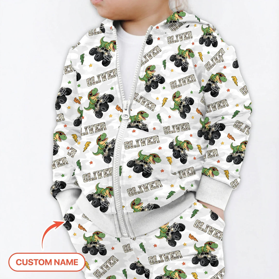 Personalisierter Name Camo Trucker Dino Bambus Reißverschluss-Hoodie