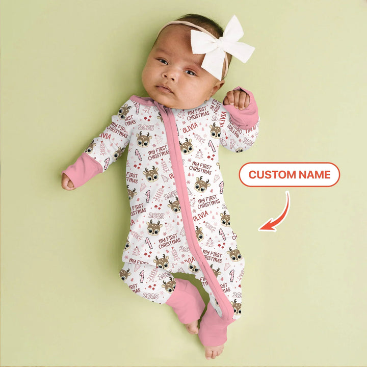 Custom Name Cute Reindeer My First Christmas Bamboo Convertible Zippy