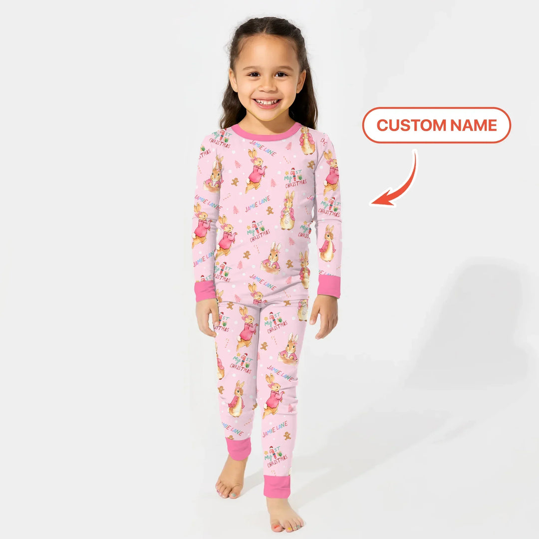 Custom 1st Christmas Rabbit Two Piece Long Sleeve Pajama Set , Custom 1st Christmas Rabbit Two Piece Long Sleeve Pajama Set - 12-18M