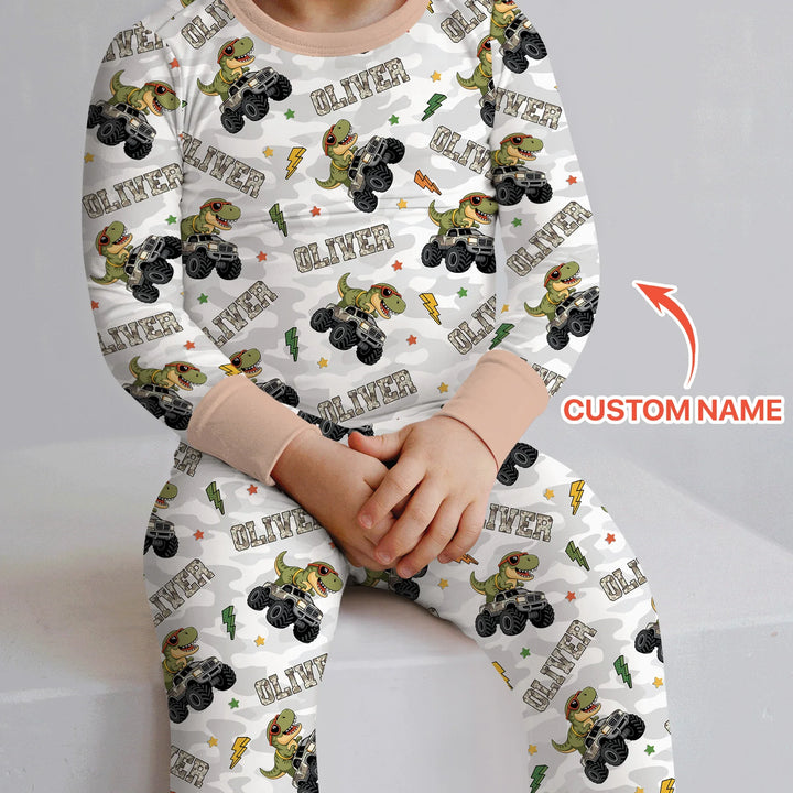 Custom Name Camo Trucker Dino Bamboo Two Piece Long Sleeve Pajama Set