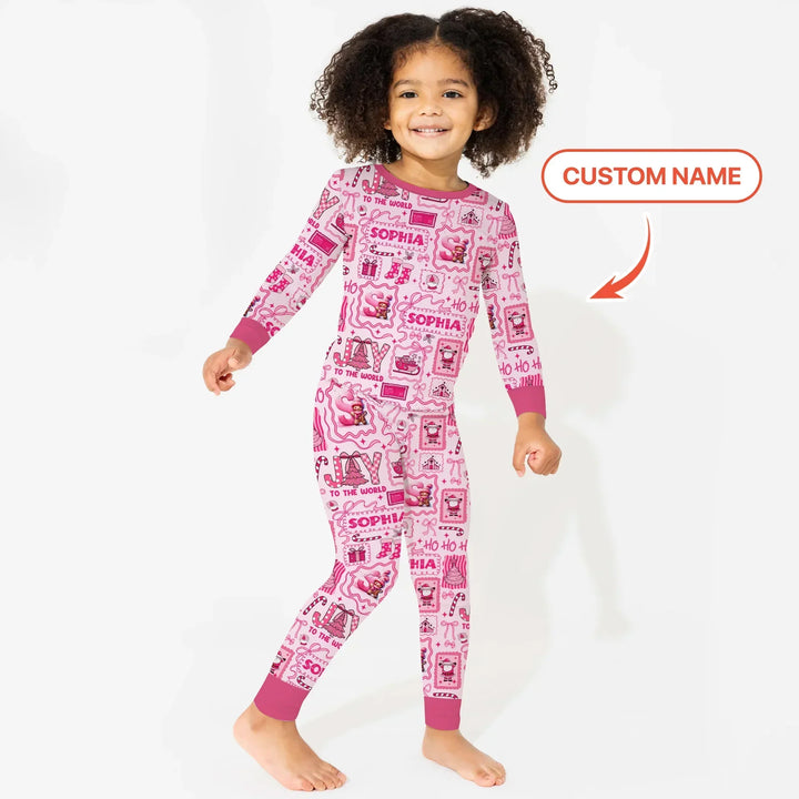 Custom Name Preppy Pink Christmas Two Piece Long Sleeve Pajama Set , Custom Name Preppy Pink Christmas Two Piece Long Sleeve Pajama Set - 12-18M