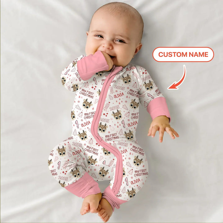 Custom Name Cute Reindeer My First Christmas Bamboo Convertible Zippy