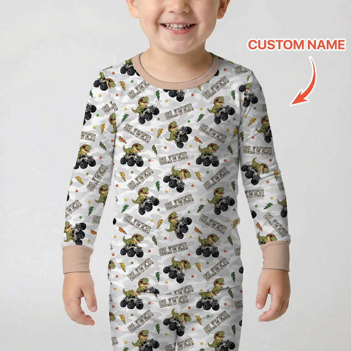 Custom Name Camo Trucker Dino Bamboo Two Piece Long Sleeve Pajama Set