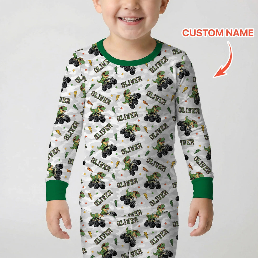 Custom Name Camo Trucker Dino Bamboo Two Piece Long Sleeve Pajama Set