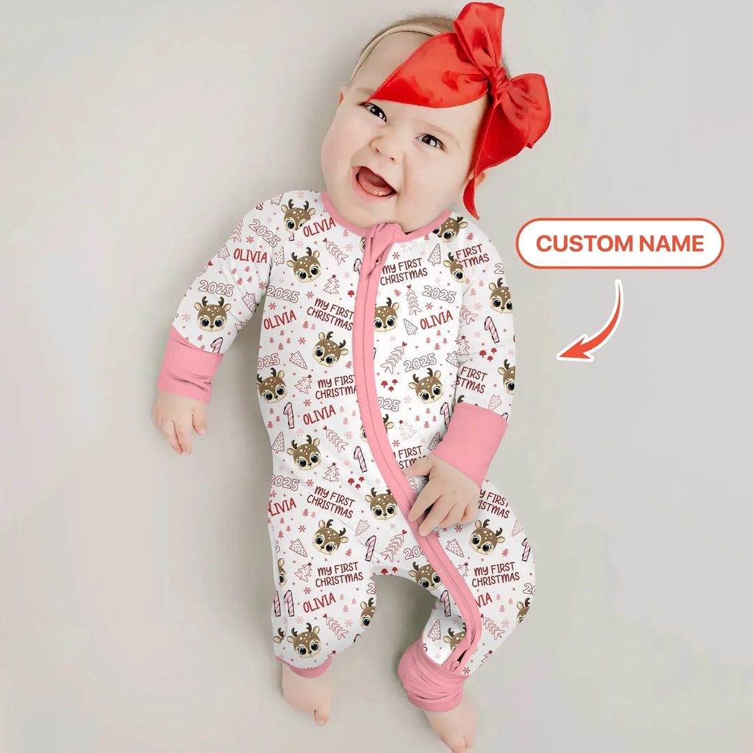 Custom Name Cute Reindeer My First Christmas Bamboo Convertible Zippy