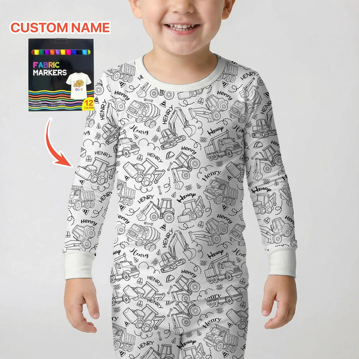Construction Vehicules Custom Name Colorable Bamboo Two Piece Long Sleeve Pajama Set