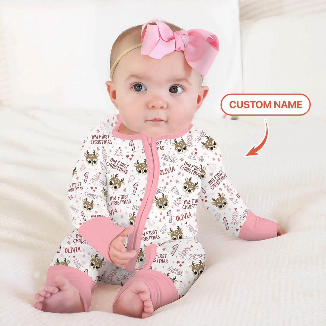 Custom Name Cute Reindeer My First Christmas Bamboo Convertible Zippy