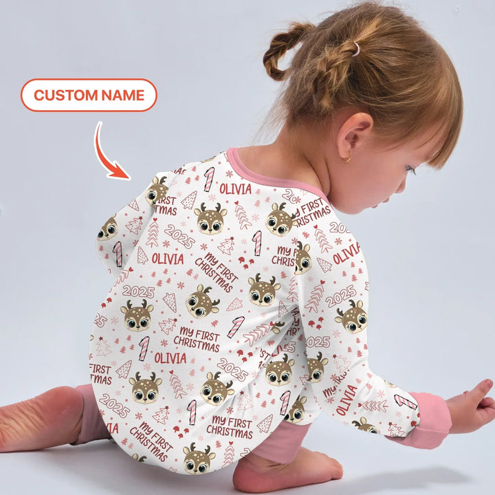 Custom Name Cute Reindeer My First Christmas Bamboo Convertible Zippy