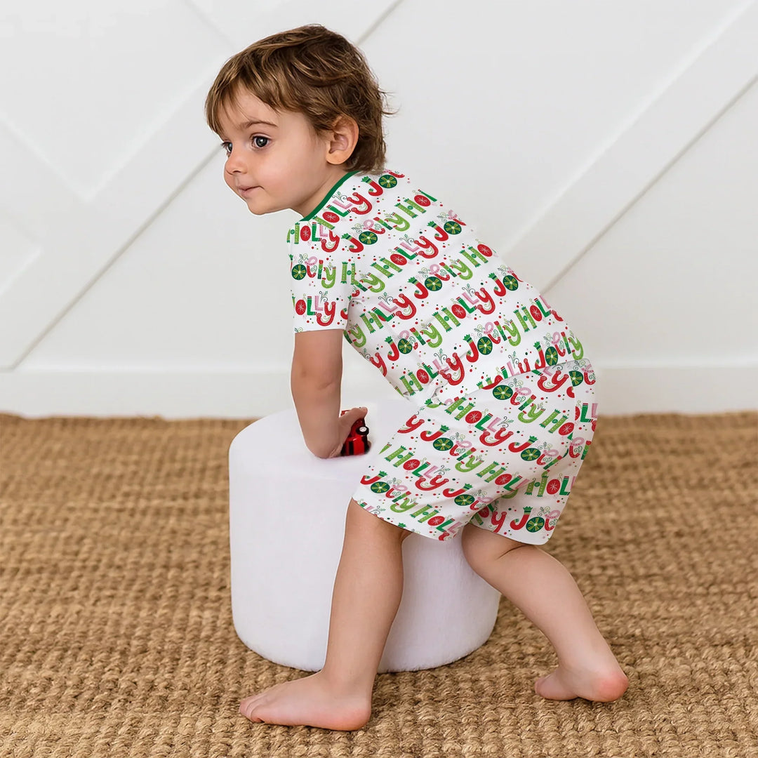 Holly Jolly Two Piece Short Sleeve Shorts Pajama Set , Holly Jolly Two Piece Short Sleeve Shorts Pajama Set - 12-18M / Red