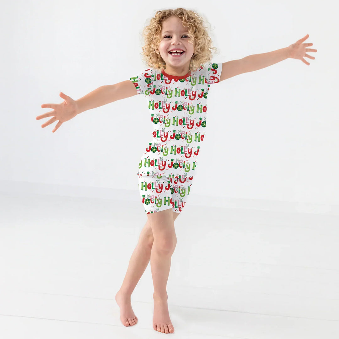 Holly Jolly Two Piece Short Sleeve Shorts Pajama Set , Holly Jolly Two Piece Short Sleeve Shorts Pajama Set - 12-18M / Red