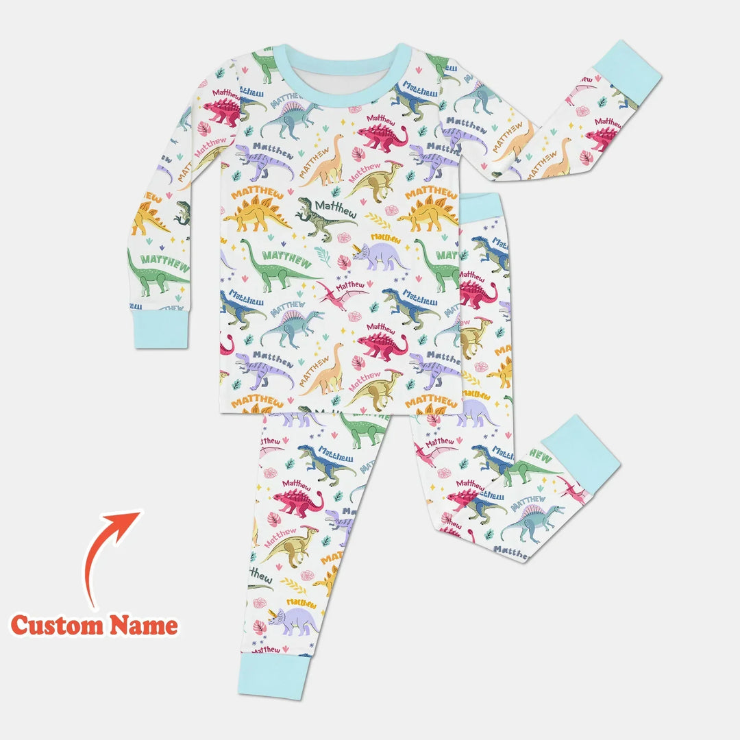 Dino Roar Custom Name Bamboo Two Piece Long Sleeve Pajama Set