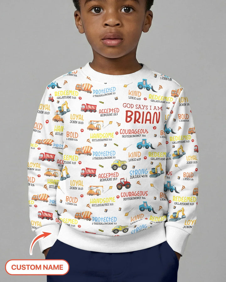 Personalisiertes „Gott sagt, ich bin ein kleiner Baumeister“-Bambus-Rundhals-Sweatshirt
