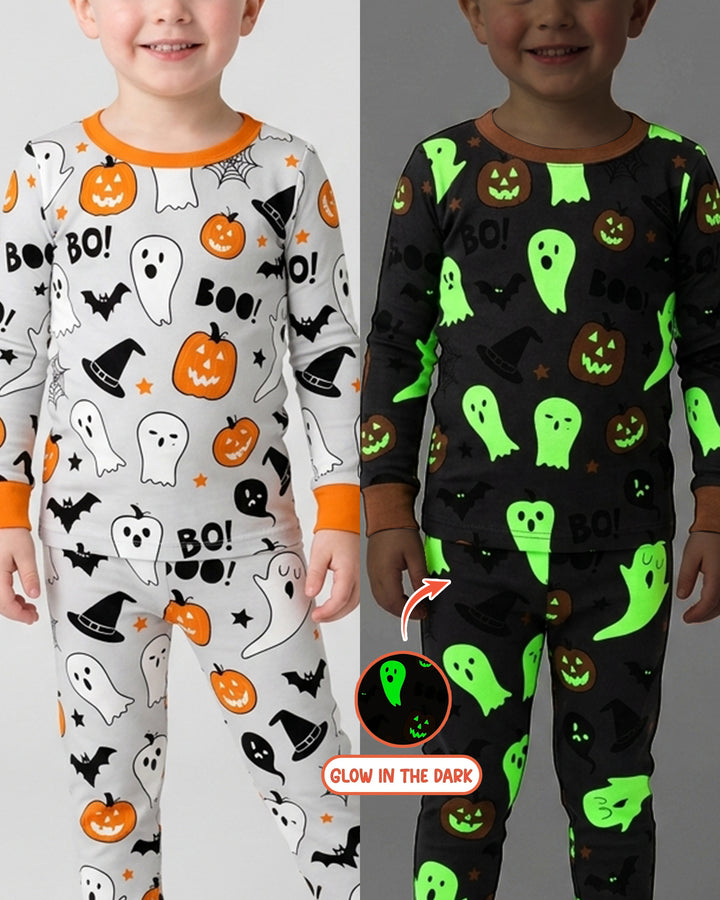 Halloween Boo & Kürbis im Dunkeln leuchtendes zweiteiliges Bambus-Schlafanzugset mit langen Ärmeln